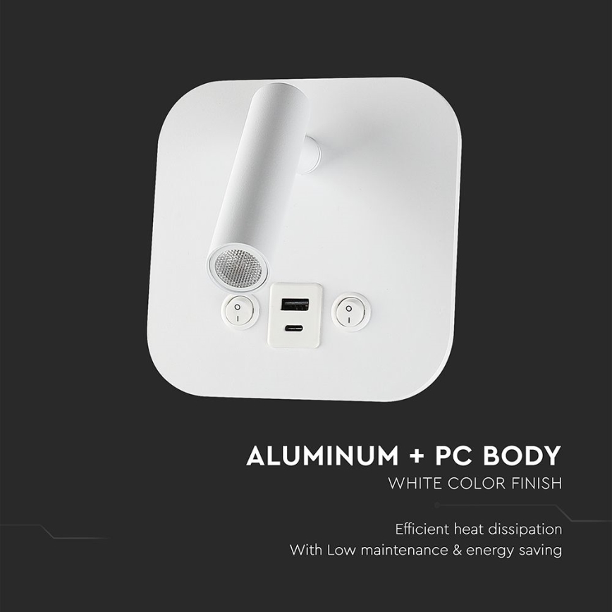 LED nástenné bodové svietidlo s USB portom LED/8W/230V 3000K biela