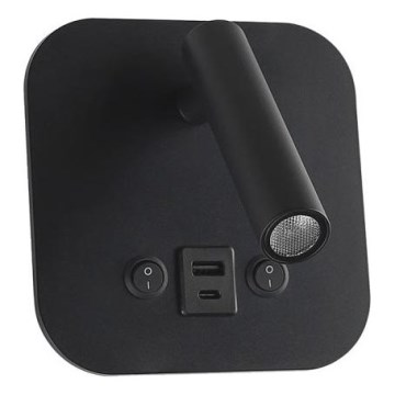 LED nástenné bodové svietidlo s USB portom LED/8W/230V 3000K čierne