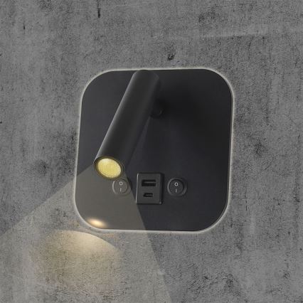 LED nástenné bodové svietidlo s USB portom LED/8W/230V 3000K čierne