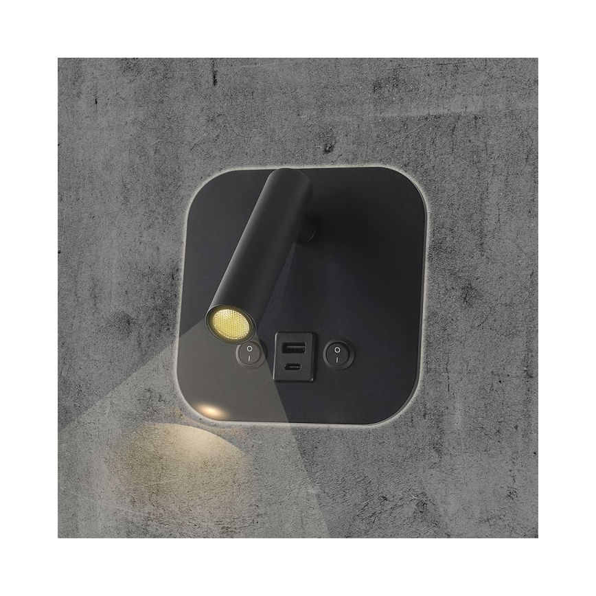 LED nástenné bodové svietidlo s USB portom LED/8W/230V 3000K čierne