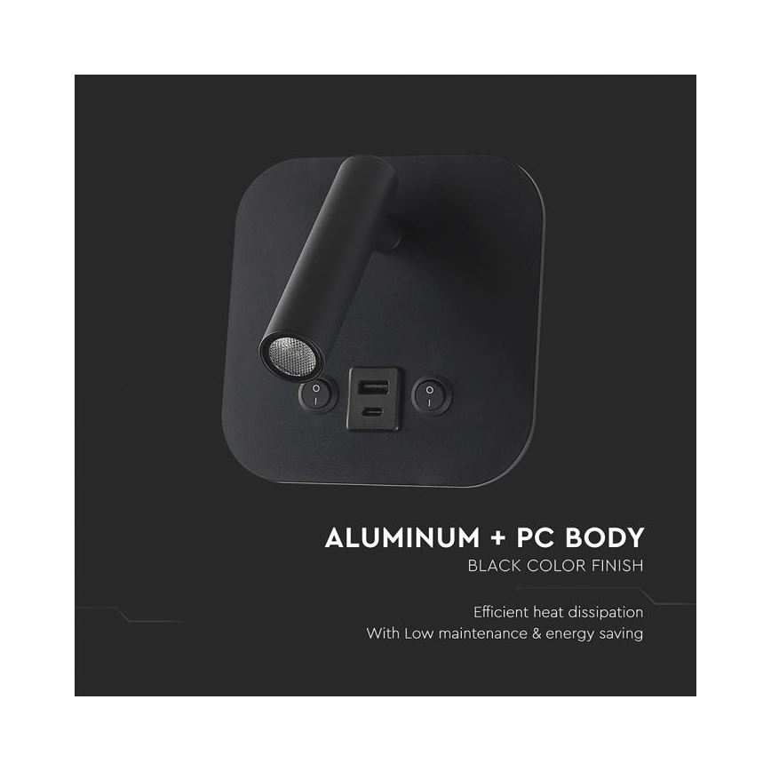 LED nástenné bodové svietidlo s USB portom LED/8W/230V 3000K čierne