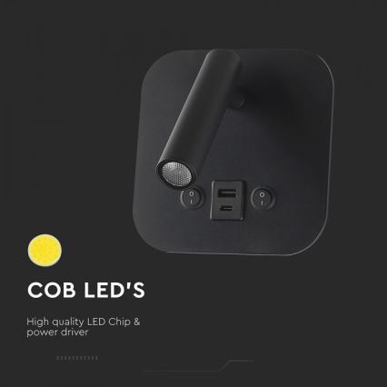 LED nástenné bodové svietidlo s USB portom LED/8W/230V 3000K čierne
