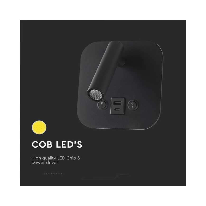 LED nástenné bodové svietidlo s USB portom LED/8W/230V 3000K čierne