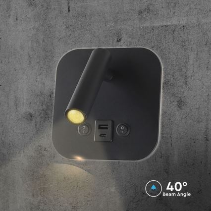 LED nástenné bodové svietidlo s USB portom LED/8W/230V 3000K čierne