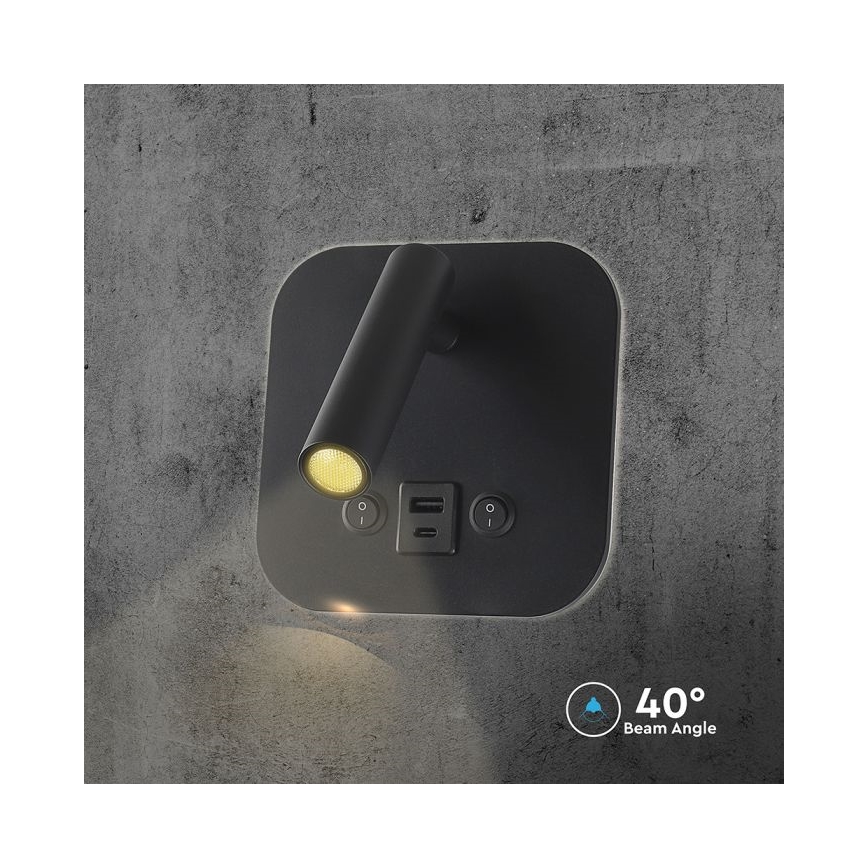 LED nástenné bodové svietidlo s USB portom LED/8W/230V 3000K čierne