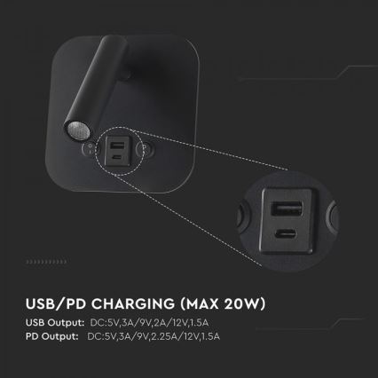 LED nástenné bodové svietidlo s USB portom LED/8W/230V 3000K čierne