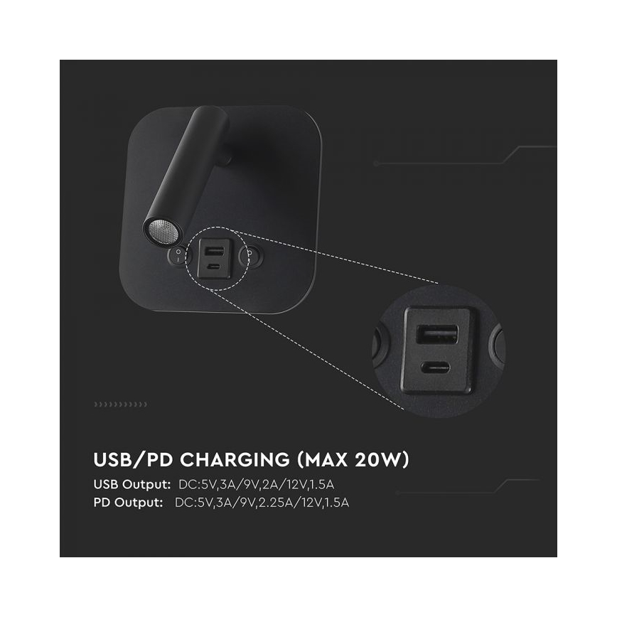 LED nástenné bodové svietidlo s USB portom LED/8W/230V 3000K čierne