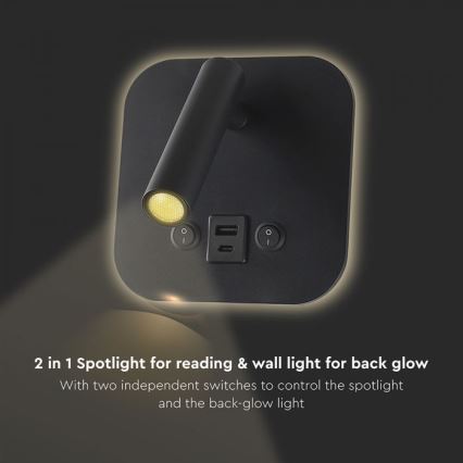 LED nástenné bodové svietidlo s USB portom LED/8W/230V 3000K čierne