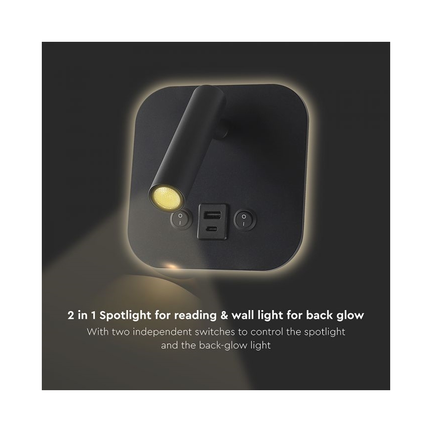 LED nástenné bodové svietidlo s USB portom LED/8W/230V 3000K čierne