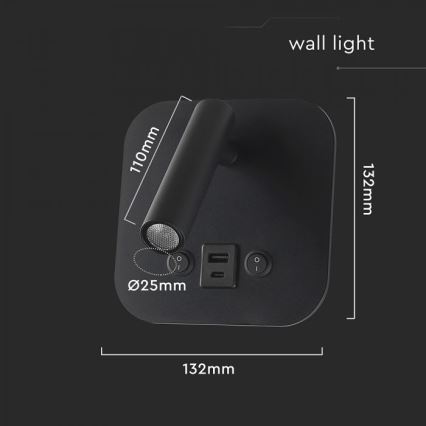 LED nástenné bodové svietidlo s USB portom LED/8W/230V 3000K čierne