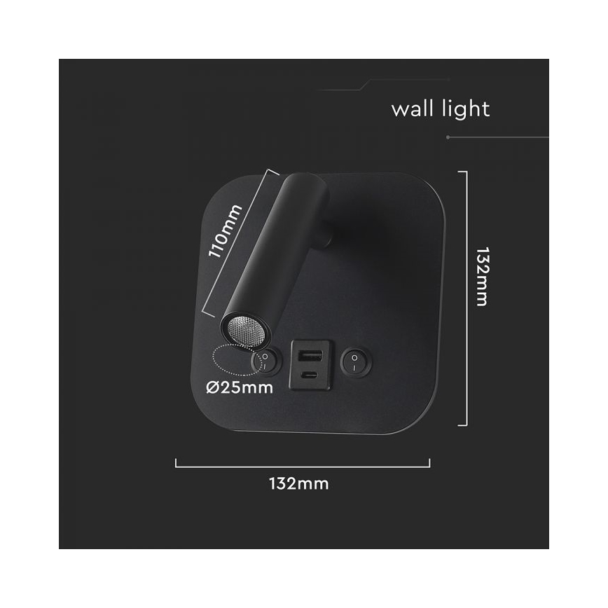 LED nástenné bodové svietidlo s USB portom LED/8W/230V 3000K čierne