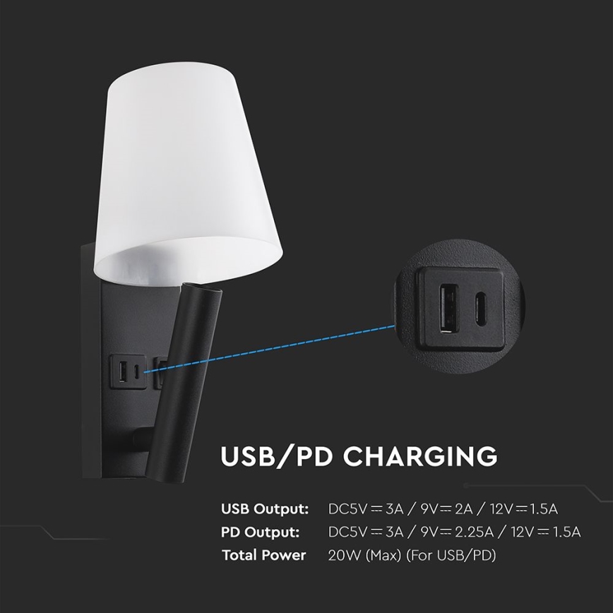 LED nástenné svietidlo s USB portom LED/2W/230V 3000K čierna/biela
