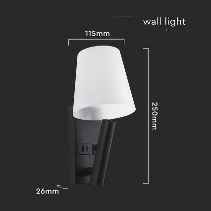 LED nástenné svietidlo s USB portom LED/2W/230V 3000K čierna/biela