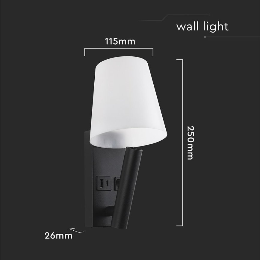 LED nástenné svietidlo s USB portom LED/2W/230V 3000K čierna/biela