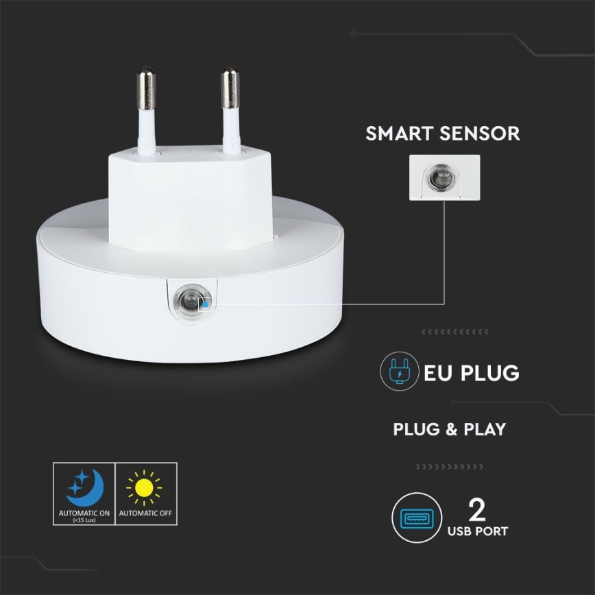 LED Nočné svetlo so senzorom súmraku do zásuvky 2xUSB LED/0,45W/230V 3000K
