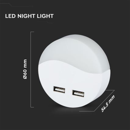 LED Nočné svetlo so senzorom súmraku do zásuvky 2xUSB LED/0,45W/230V 3000K