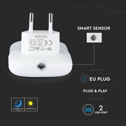 LED Nočné svetlo so senzorom súmraku do zásuvky 2xUSB LED/0,45W/230V 4000K