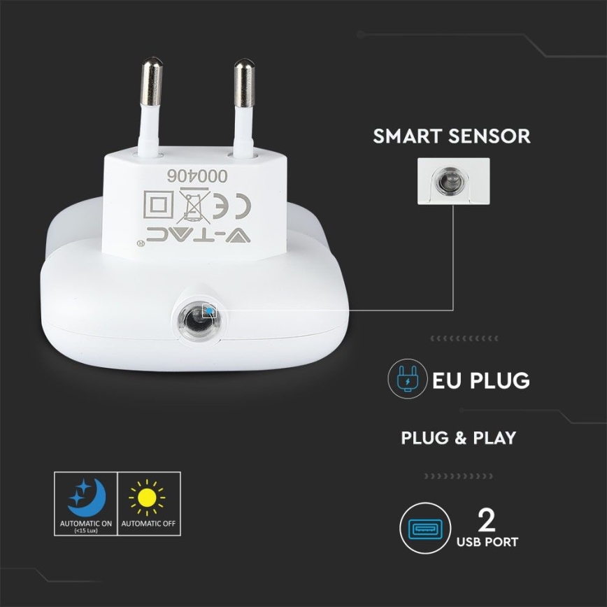 LED Nočné svetlo so senzorom súmraku do zásuvky 2xUSB LED/0,45W/230V 4000K