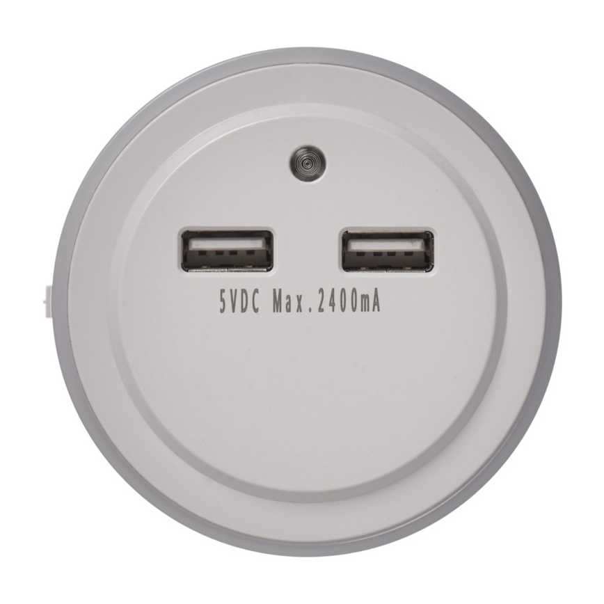LED Nočné svietidlo do zásuvky s fotosenzorom+2xUSB 3xLED/0,3W/230V