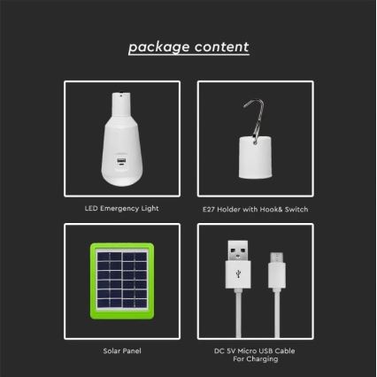 LED Prenosná solárna žiarovka 3v1 LED/7W/230V 3000K/4000K/6400K + USB nabíjanie