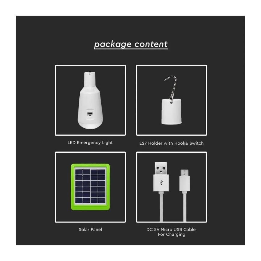 LED Prenosná solárna žiarovka 3v1 LED/7W/230V 3000K/4000K/6400K + USB nabíjanie