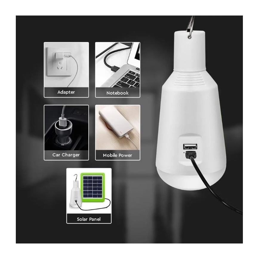 LED Prenosná solárna žiarovka 3v1 LED/7W/230V 3000K/4000K/6400K + USB nabíjanie