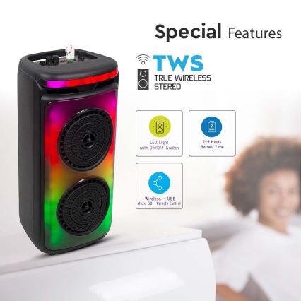 LED RGB Nabíjací reproduktor s mikrófonom 400W/2400 mAh + diaľkové ovládanie