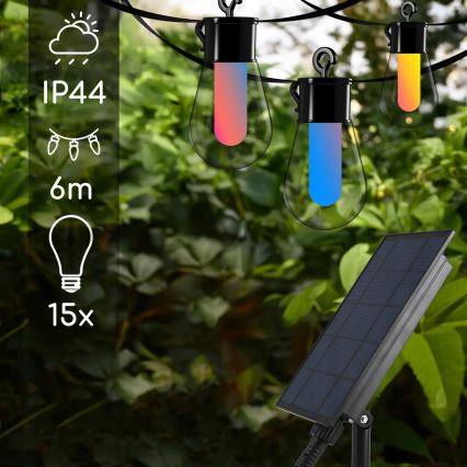 LED RGB stmievateľný solárny dekoratívny svetelný reťaz 15×LED/18 funkcií USB 6 m IP44 čierna + diaľkové ovládanie