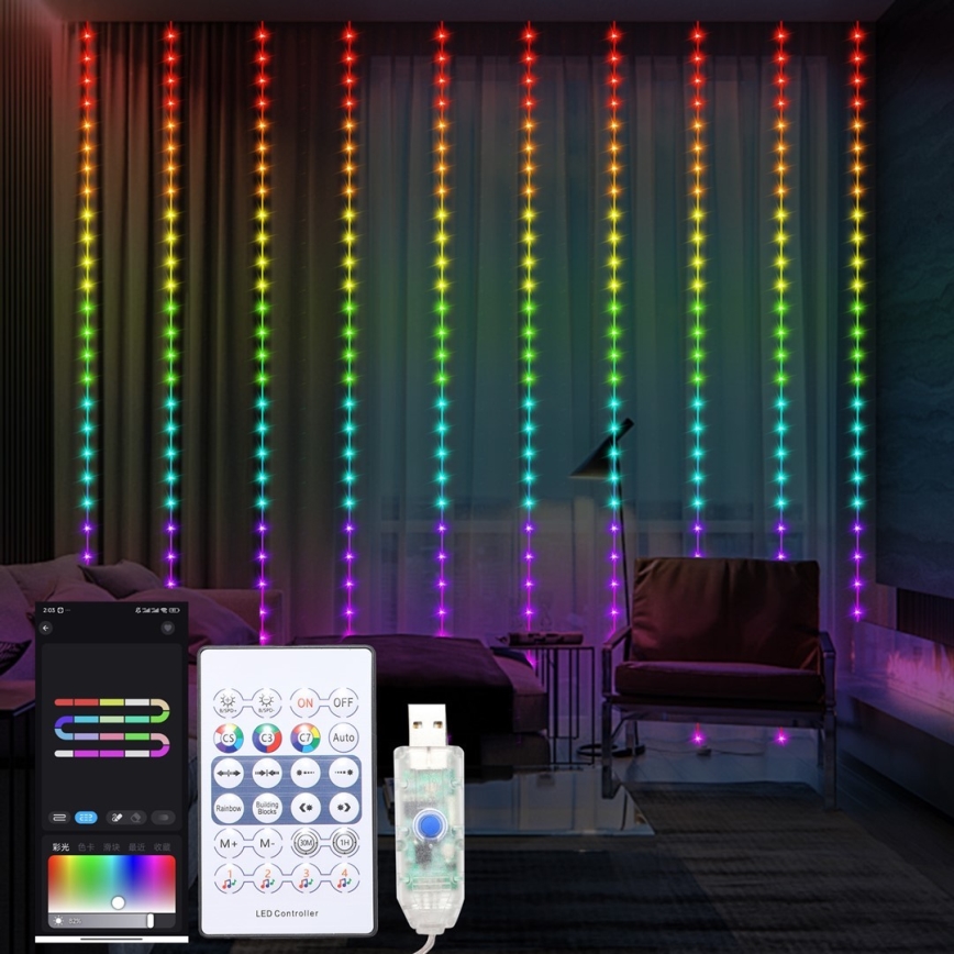 LED RGB Stmievateľný vianočný záves WIZARD 300xLED/USB 3x3m + diaľkové ovládanie