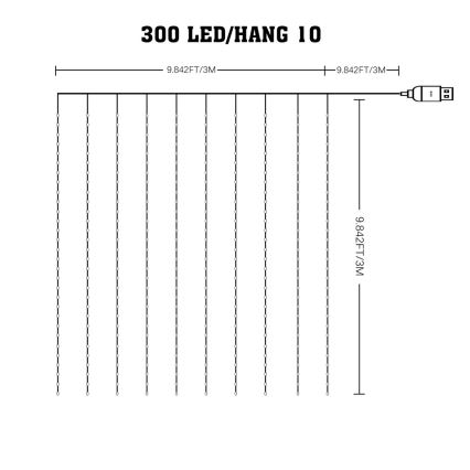 LED RGB Stmievateľný vianočný záves WIZARD 300xLED/USB 3x3m + diaľkové ovládanie