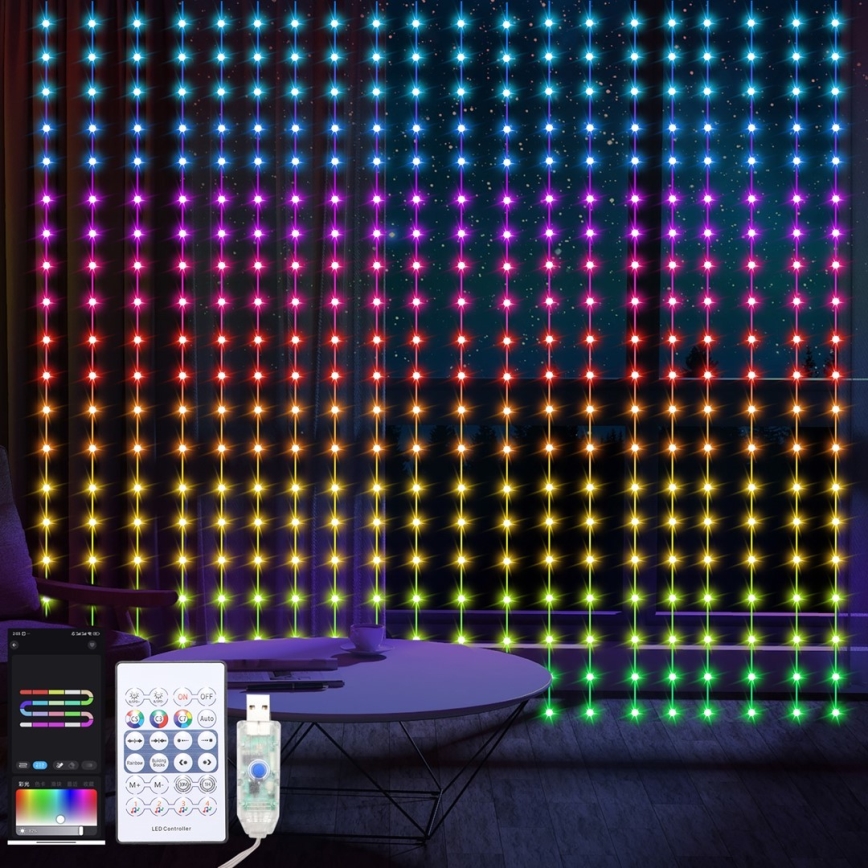 LED RGB Stmievateľný vianočný záves WIZARD 400xLED/USB 2x2m + diaľkové ovládanie