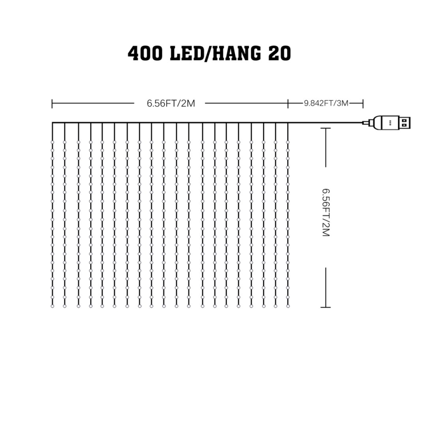 LED RGB Stmievateľný vianočný záves WIZARD 400xLED/USB 2x2m + diaľkové ovládanie
