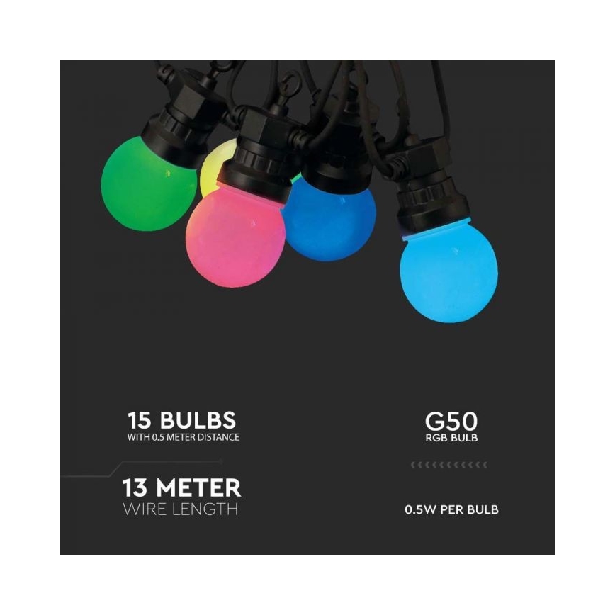 LED RGB Vonkajšia reťaz STRING 13 m 15xLED/0,5W/230V IP44 + diaľkové ovládanie