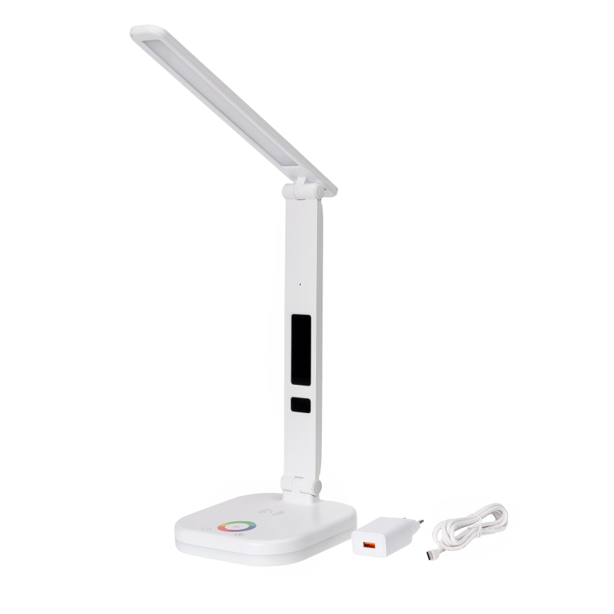 LED RGBW Stmievateľná dotyková stolná lampa s bezdrôtovým nabíjaním displejom a USB portom MAGNUS LED/6W/5V 3000-6500K biela+