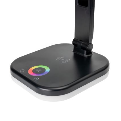 LED RGBW Stmievateľná dotyková stolná lampa s bezdrôtovým nabíjaním LCD displejom a USB portom MAGNUS LED/6W/5V 3000-6500K čierna