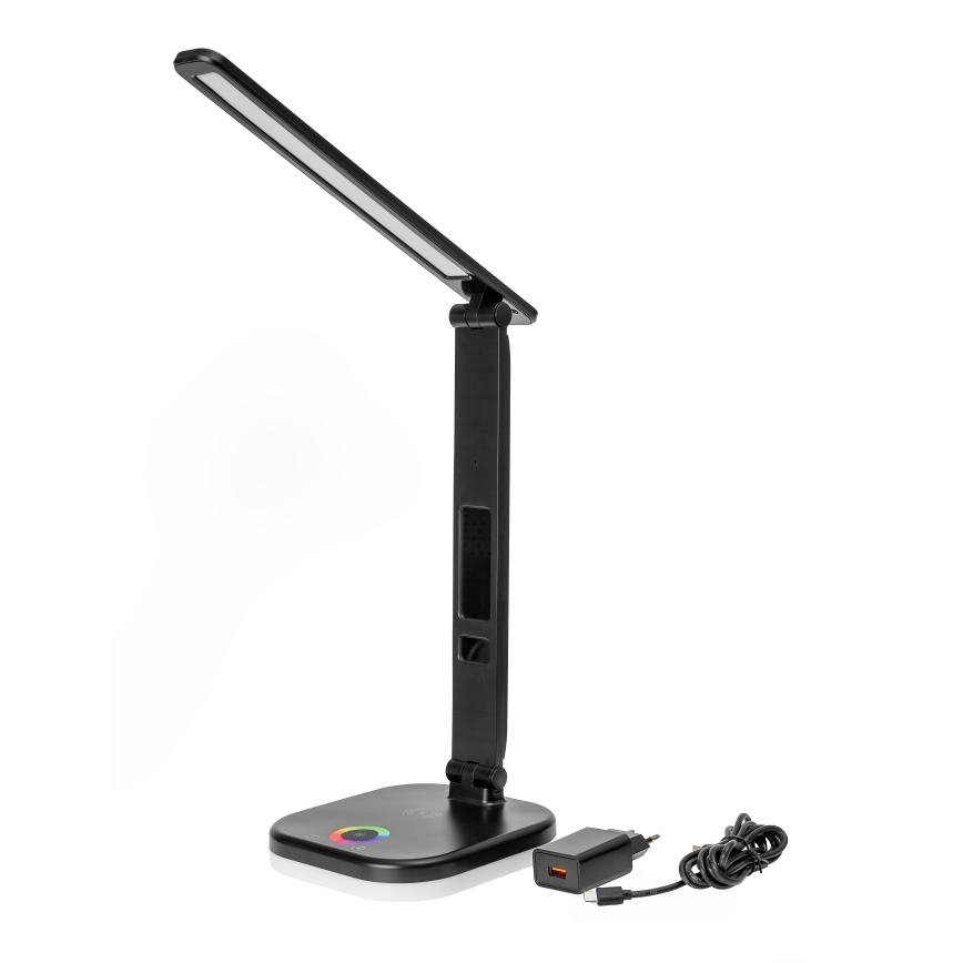 LED RGBW Stmievateľná dotyková stolná lampa s bezdrôtovým nabíjaním LCD displejom a USB portom MAGNUS LED/6W/5V 3000-6500K čierna