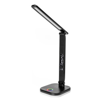 LED RGBW Stmievateľná dotyková stolná lampa s bezdrôtovým nabíjaním LCD displejom a USB portom MAGNUS LED/6W/5V 3000-6500K čierna
