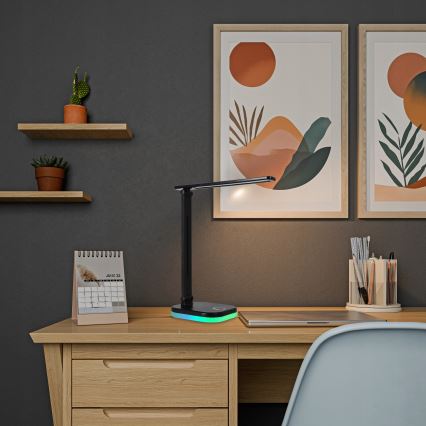 LED RGBW stmievateľná stolová lampa s bezdrôtovým nabíjaním LED/7W/5V USB čierna