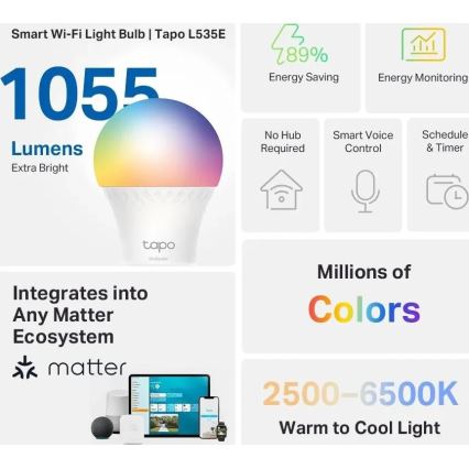 LED RGBW Stmievateľná žiarovka MATTER A60 E27/8,6W/230V 2500-6500K Wi-Fi - TP-Link