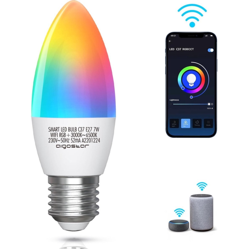 LED RGBW Stmievateľná žiarovka C37 E27/7W/230V 3000-6500K Wi-Fi - Aigostar