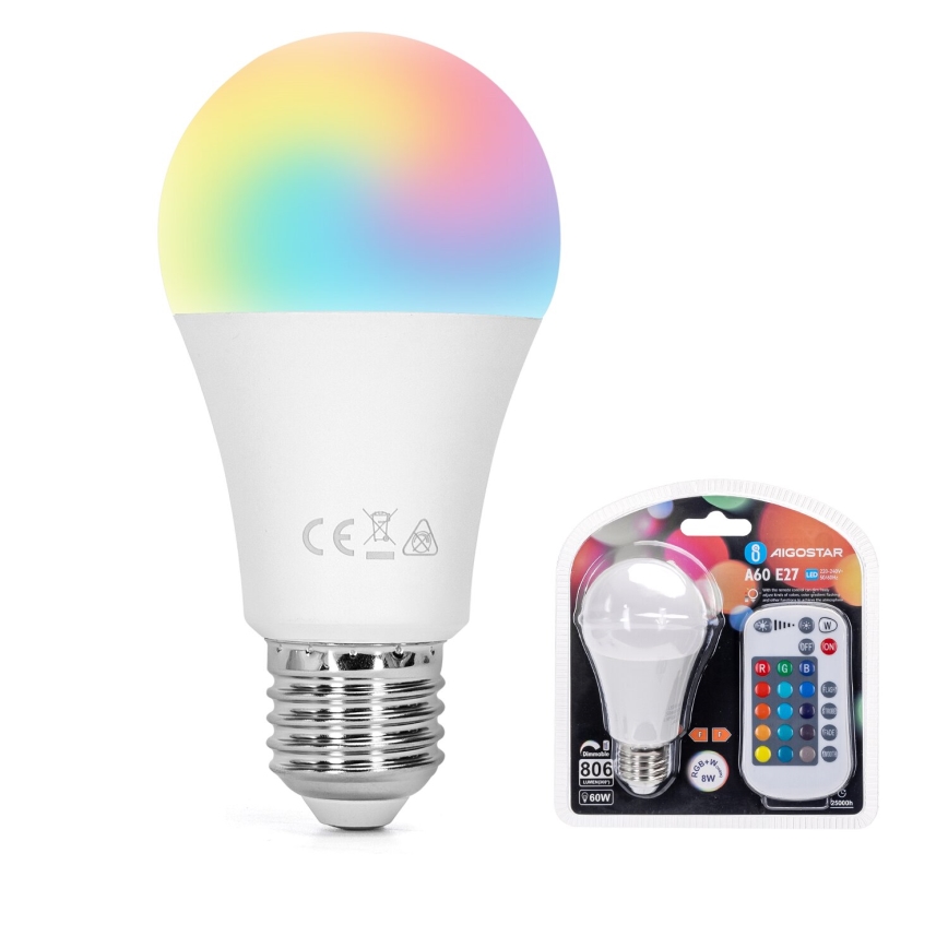 LED RGBW Stmievateľná žiarovka E27/8W/230V 3000K + diaľkové ovládanie - Aigostar