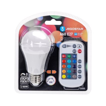 LED RGBW Stmievateľná žiarovka E27/8W/230V 3000K + diaľkové ovládanie - Aigostar