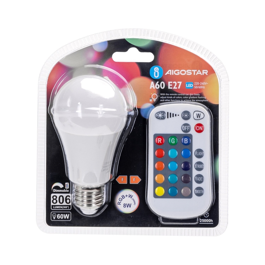 LED RGBW Stmievateľná žiarovka E27/8W/230V 3000K + diaľkové ovládanie - Aigostar