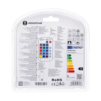 LED RGBW Stmievateľná žiarovka E27/8W/230V 3000K + diaľkové ovládanie - Aigostar