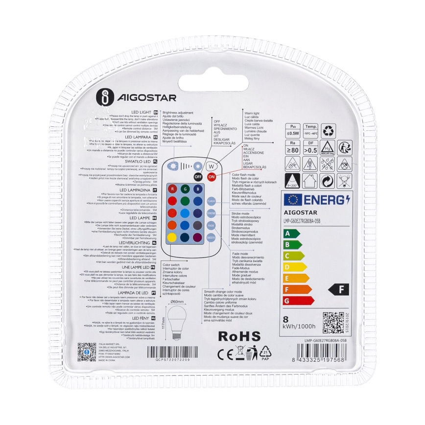 LED RGBW Stmievateľná žiarovka E27/8W/230V 3000K + diaľkové ovládanie - Aigostar