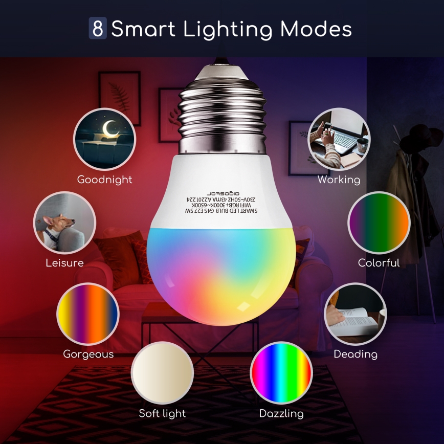 LED RGBW Stmievateľná žiarovka G45 E27/5W/230V 3000-6500K Wi-Fi - Aigostar