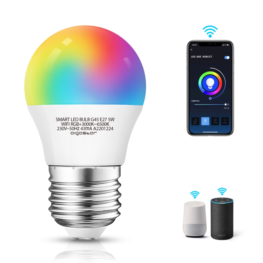 LED RGBW Stmievateľná žiarovka G45 E27/5W/230V 3000-6500K Wi-Fi - Aigostar