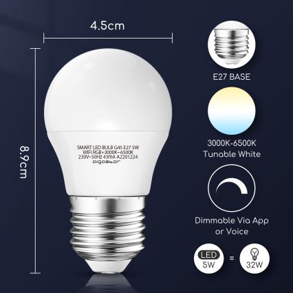 LED RGBW Stmievateľná žiarovka G45 E27/5W/230V 3000-6500K Wi-Fi - Aigostar