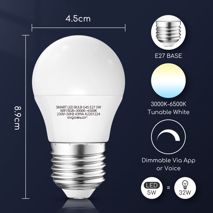 LED RGBW Stmievateľná žiarovka G45 E27/5W/230V 3000-6500K Wi-Fi - Aigostar