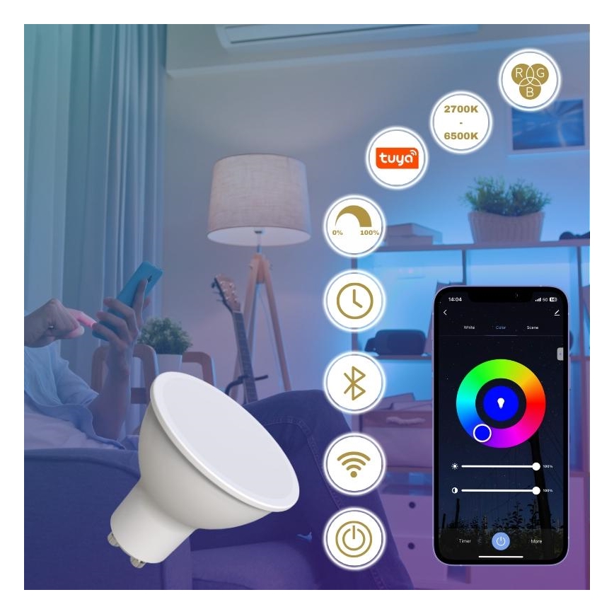 LED RGBW Stmievateľná žiarovka GU10/4,5W/230V 2700-6500K Wi-Fi Tuya